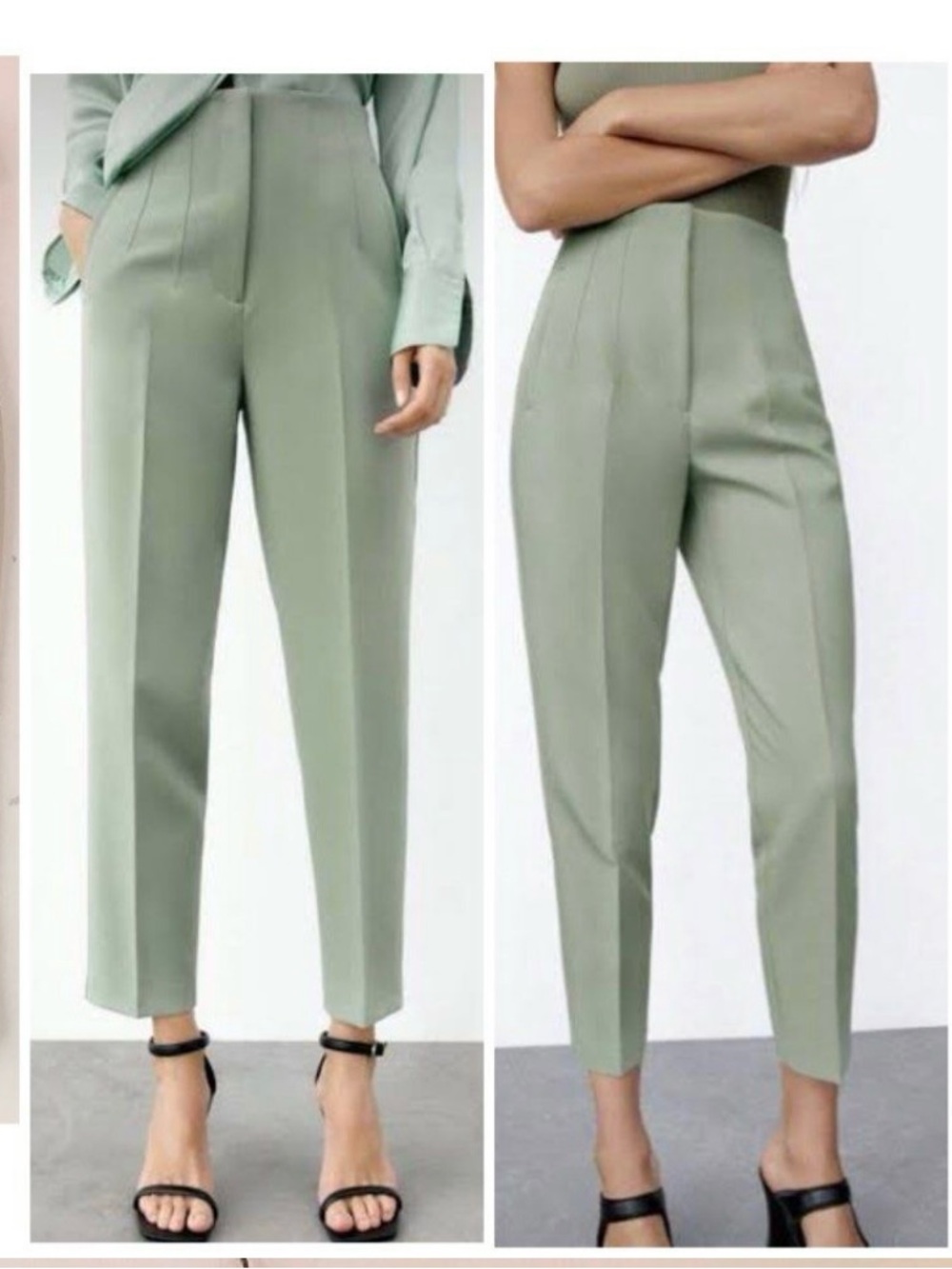 Zara High-Waist Tailored Pants in Sage Green